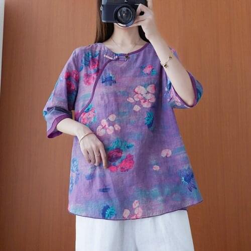 Women Cotton Linen Casual T-shirts New Arrival 2021 Summer Vintage Style Floral Print Loose Female Half Sleeve Tops Tees B173