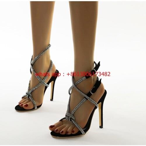New woman rhinestone cross strap high heel stiletto sandal 12 cm high heel rhinestone sandals plus sizes 35-43
