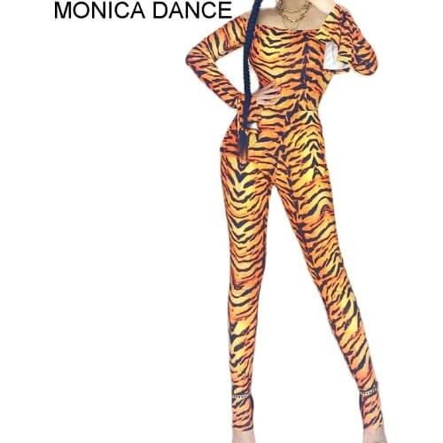 Nightclub Sexy Stage Leopard Print Costume Women Workout Active Wear Rompers One Shoulder Long Flare Sleeve Tops and Pants Set