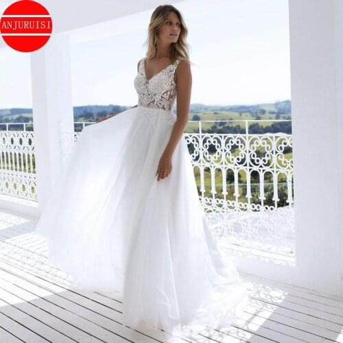 Boho Wedding Dress 2019 Appliqued Floor Length Elegant Tulle A-line Sexy Backless Beach Bride Dress Sexy Wedding Gown Casamento