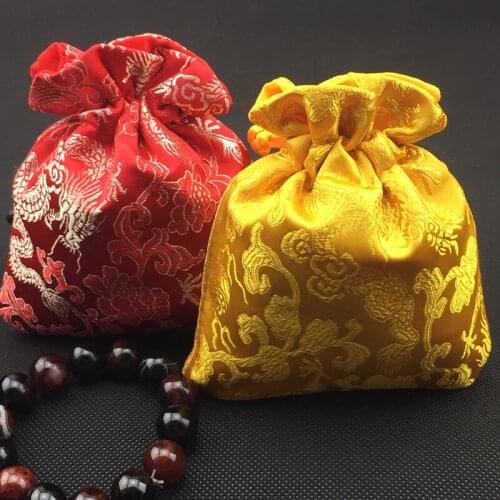50pcs Chinese Dragon Small Drawstring Silk Brocade Jewelry Pouches Christmas Wedding Party Favor Gift Bags with lined