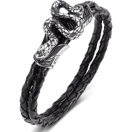 Trendy Punk Men Jewelry Genuine Leather Animal Bracelet Stainless Steel Snake Leather Wristband Fashion Bangles Male Gifts P541