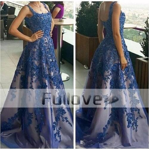 Elegant Royal Blue Appliques Long Evening Dresses Square Collar Slim Cut Beading Formal Dress Prom Gowns Vestidos De Festa