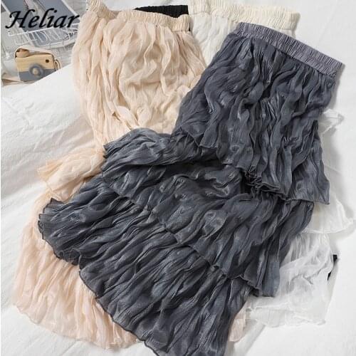 HELIAR Casual MIDI A-Line Cake Skirt Pleated Satin Skirt 3 Layers High Waist Women Clothing Mesh Party Skirt Sweet Girl