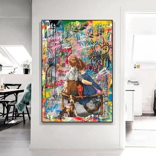 Street Graffiti Art Lovers and Dog Canvas Painting Pop Art Posters and Prints Wall Art Pictures for Living Room Decoration