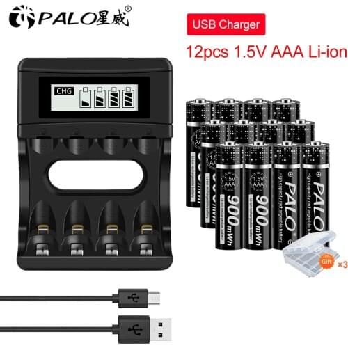 PALO 4-12pcs 1.5V AA2800mWh AAA900mWh Li-ion Rechargeable Battery with LCD Smart 1.5V Lithium Battery Charger