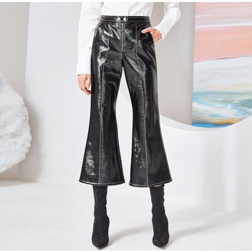 Fashion Shiny Leather Pants Glossy Fabric PU leather pants female high waist punk hip bag patent leather trousers wq439 dropship