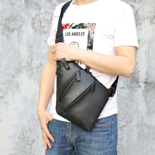 Unique Design Genuine Leather Mens Chest Bag Casual Crossbody Bags Vintage Male Shoulder Bag Travel Sling Pack