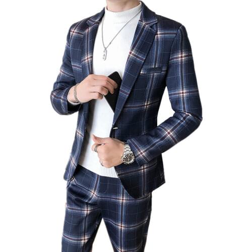 Men Blazers Formal Plaid Suits Pants 2 Piece Set Male Tuxedos Slim Fit Business Casual Wedding Groom Jacket Coat Trousers