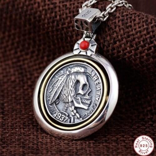 S925 Sterling Silver colour Skull Pendants Men Rotatable Vintage Punk Style Engraved Indian Head Inlaid Natural Onyx Red Stone