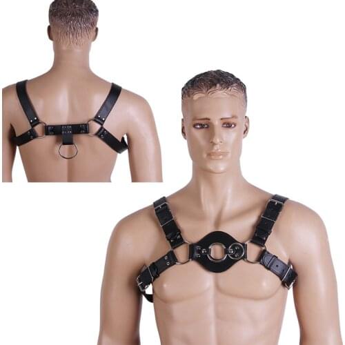 Men PU Leather Strap On Bulldog Body Harness Restraint Top Clubwear Chest O Ring Fetish Role Play Costume
