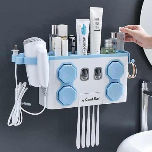 Bathroom Automatic Toothpaste Dispenser Wall Mounted Toothbrush Holder With Cups Hair Dryer Storage Rack Toiletries Organizer