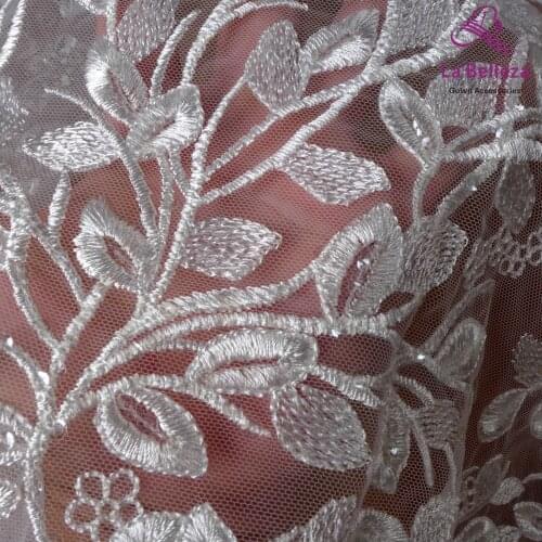 La Belleza 2020 new lace fabric,off white polyester with clear sequins embroidery wedding dress lace fabric 1 yard