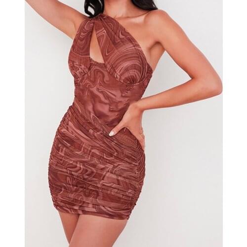 Bodycon Dress Printing Inclined Shoulder Hollow Out Backless Fold Sexy New Dresses For Women 2021