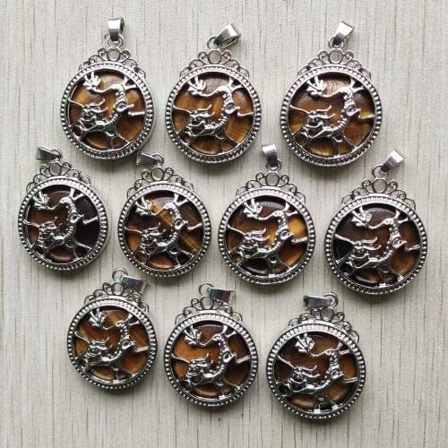 Wholesale 10pcs/lot fashion natural tiger eye stone dragon alloy round shape Pendants for Women Men diy jewelry marking free