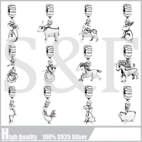 100% Real 925 Sterling Silver Charms 12 Animal Chinese Zodiacs dog tiger pig Rat Pendant Fashion Women Fit Bracelet & Necklace