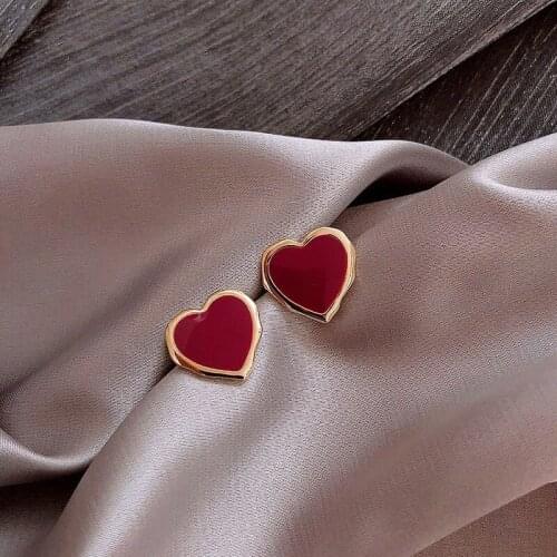 Origin Summer Korean Fashion Red Enamel Love Heart Stud Earings for Women Minimalist Wedding Gifts Jewellery Accessories