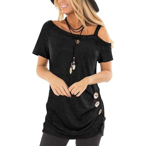 Sexy Off Shoulder Women T-shirts Summer Casual Short Sleeve Skew Neck Buttons Irregular Long T-Shirts Plus Size Women Loose Tops