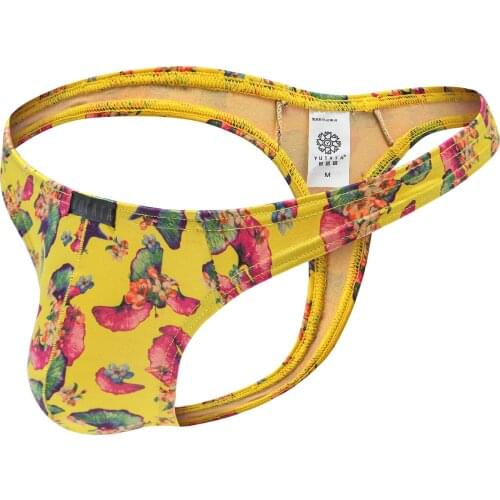 Mens Thong Underwear Sexy Milk Silk Ginkgo Leaf Print U-convex Pouch Men Thongs & G Strings Tangas Hombre Ropa Interior