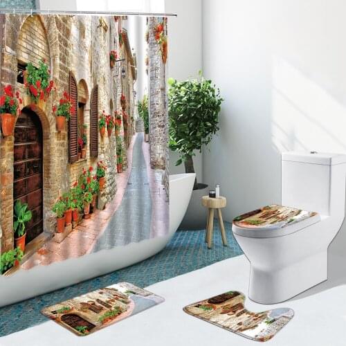 3D Colorful Street Alley Flower Scene Bathroom Set Shower Curtain Non-Slip Rugs Flannel Toilet Carpet Cover With Hooks Bath Mat