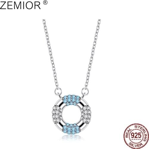 ZEMIOR Womens Necklace Blue Round Cubic Zirconia S925 Sterling Silver Pendant Necklance Simple Gift For Girlfriend Fine Jewelry