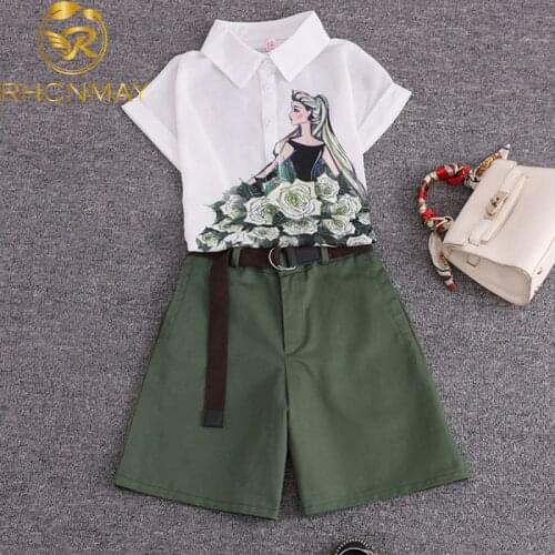 2020 summer 2 pieces suits girl print chiffon blouse shirt women tops + shorts set Women two piece set tracksuit With Belt