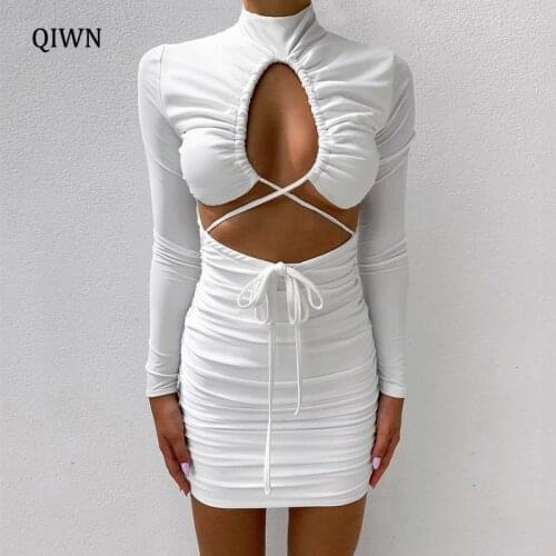 Long Sleeve Cut Out Bandage Ruched Mini Dress Women Turtleneck Autumn 2021 White Elegant Skinny Dresses Clothes