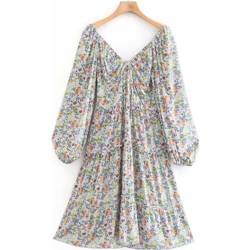 YENKYE Autumn Women Vintage Floral Print Dress Ladies Sexy V Neck Puff Sleeve Knee Length Pleated Casual Dress Cotton Vestido
