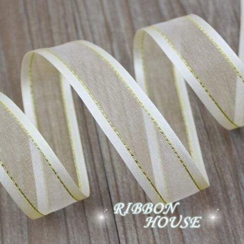 5 meters/lot) 25mm Cream White broadside golden edge organza ribbons wholesale gift wrapping decoration ribbons