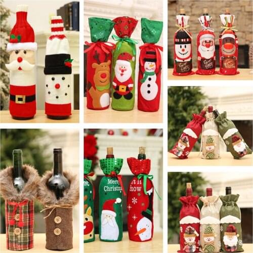 2Pcs/Set New Christmas Wine Bottle Cover Bag Decoration Xmas Party Santa Claus Snowman Elk Bottle Cover Cloth Christmas Gift Bag
