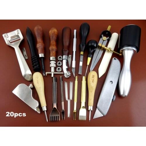 20pcs Leather Craft Edger Beveler Skiver Slicker Burnisher Groover Awl Chisel Tool Set- Knife Cutter Punch Chisel Needle Button
