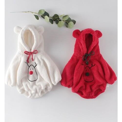 2021 Winter Infant Bodysuit Boys Girls Bodysuit Hooded Warm Long-sleeved Cute Ears Cartoon Solid Color Cartoon Baby Jumpsuit