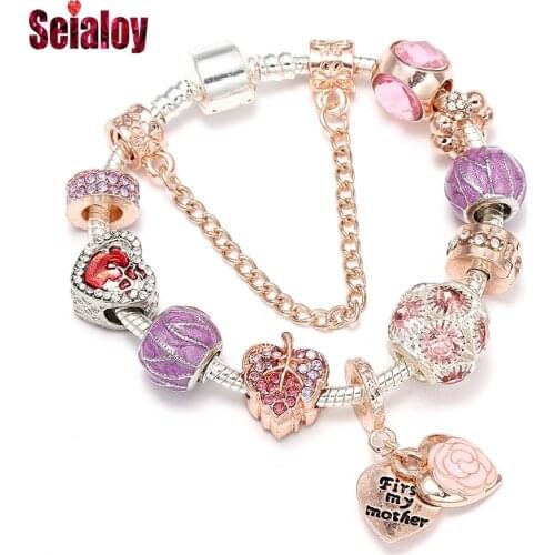 SEIALOY Maternal Charm Bracelets For Women Men Original Pink Crystal Heart Leaves Purple Rose Gold Beaded Bracelet Bangle Gifts