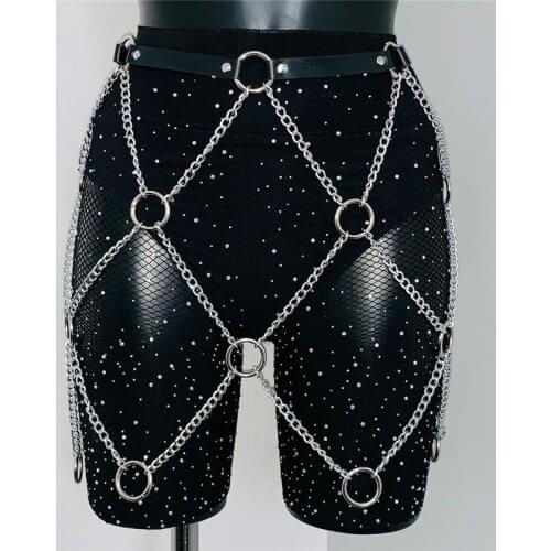 Black PU Mini Skirt Gothic Faux Leather Harness Belt Women Link Chain Waist Belt Rave Party Nigh Club Waistband Festival Wear