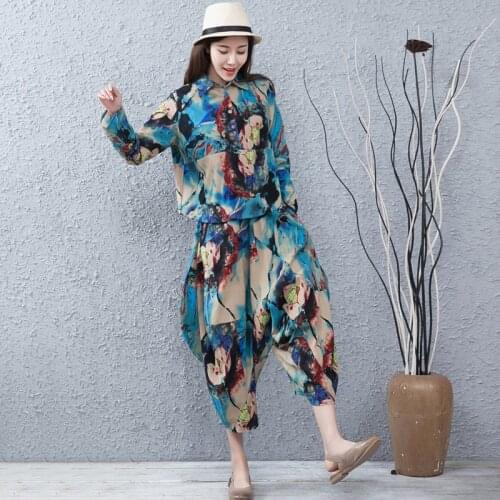 Cotton and linen blends pants suit Summer loose oversize literary two-piece long-sleeve shirt and harem pants womens set