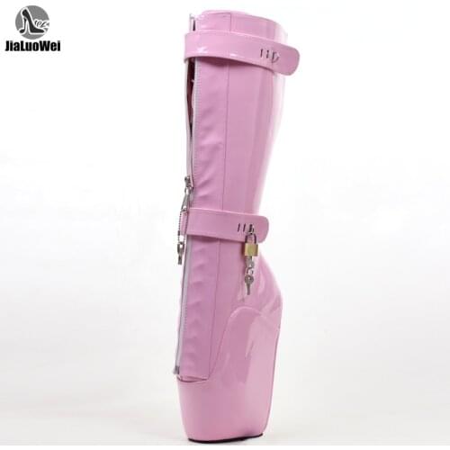 Jialuowei Women Sexy Boots 18cm High Wedge Heel Heelless Sole Lockable Zipper padlocks Knee-High Ballet Boots Unisex Shoes