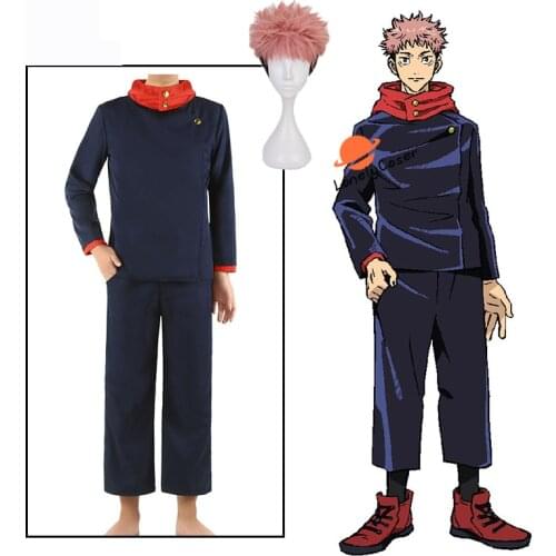 Anime Jujutsu Kaisen Yuji Itadori Cosplay Costume Blue Black Hooded Top Short Wig Halloween Christmas Party Uniform Men Women