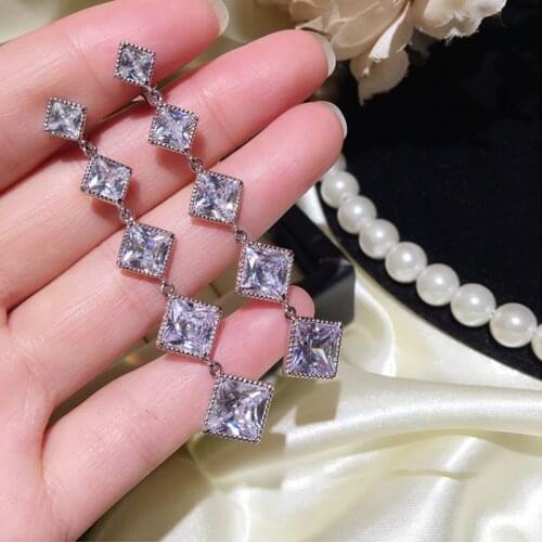 Cube Design 925 Sterling Silver Jewelry Temperament Rhombus Zircon Tassel Long Pendant Necklace Charming Personality Jewelry