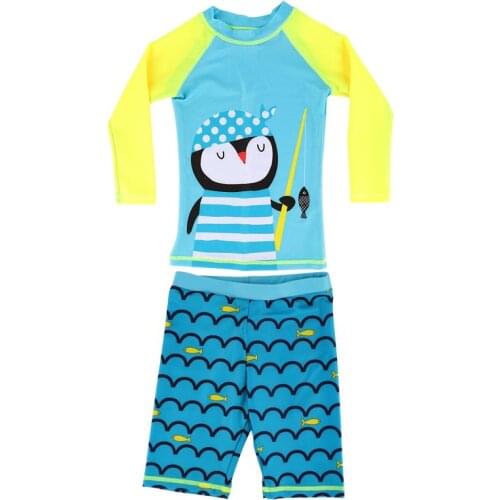 Boy Long Sleeve Swimming Sunsuit Rash Guard Swimsuits(Blue Penguin Pattern)