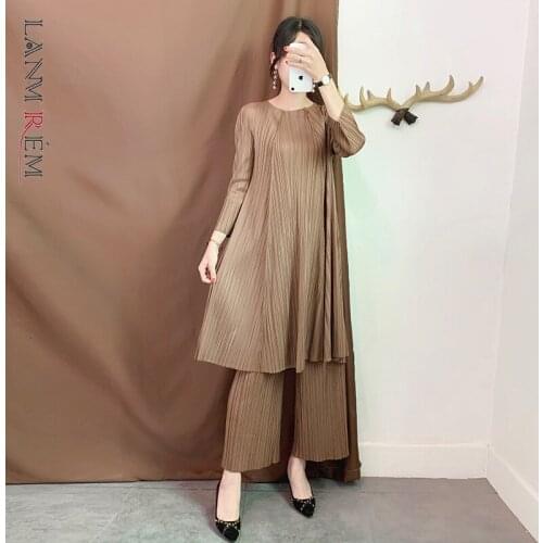 LANMREM 2021 New Autumn Pleated Vintage Women Clothes Round Neck Pullover Loose Dress And Wide Legs Pants Set Two Pieces WJ262