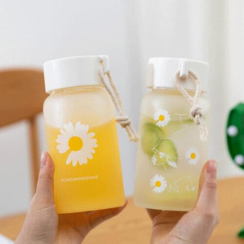 500Ml Small Daisy Frosted Plastic Water Bottles Bpa Free Creative Transparent Water Bottle with Portable Rope Travel Tea Cup