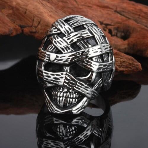 Stainless Steel Retro Mummy Skull Mens Punk Ring