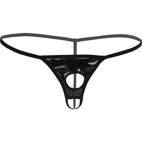 Mens Lingerie Underpants Briefs Patent Leather G-string Thong Underwear Elastic Waistband Front Penis Holes Crotchless Panties