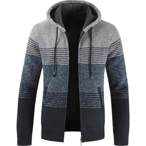 65% Dropshipping!!Autumn and winter mens cardigan striped zipper plush lining jacket hooded sweater coat