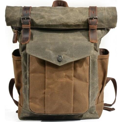 Ruil Men Retro Leather Waxed Canvas Backpack Outdoors Waterproof Vintage Camping Travel Backpacks