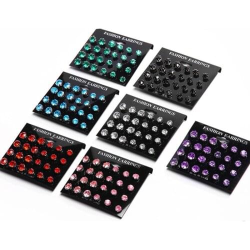 12 Pairs Fashion Color AAA Crystal Zircon Stud Earrings for Women Men 8 Mm 10 Mm Studs Earring Set Jewellery