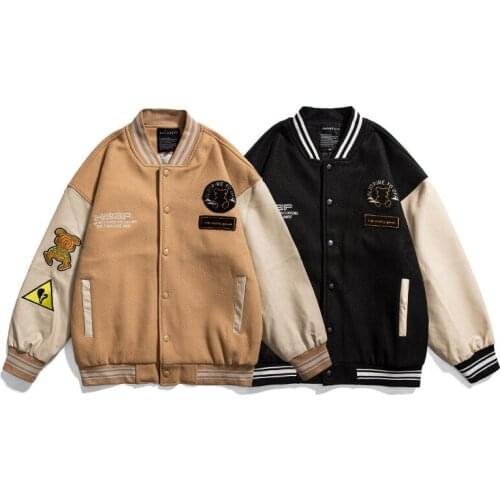 Autumn Bear Towel Embroid PU Leather Sleeve Bomber Coat Mens Baseball Letter Jacket Unisex Womens Patchwork Varsity Jacket