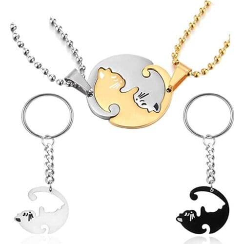 Cat Couples Lover Jewelry Pendant Necklace Black Gold Silver Color Stainless Steel Pet Friendship Puzzle Piece Necklace Gift
