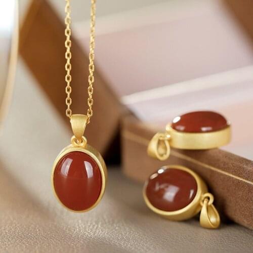 Silver inlaid natural South Red Classic Oval Pendant Necklace Chinese style retro craft gold light luxury charm womens jewelry