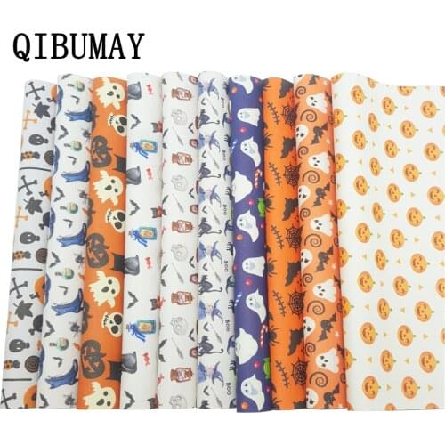 QIBUMAY Halloween Leather Fabric Sheet Ghost Printed Faux Leather Fabric For Bows Festival Decoration 22*30cm Synthetic Leather
